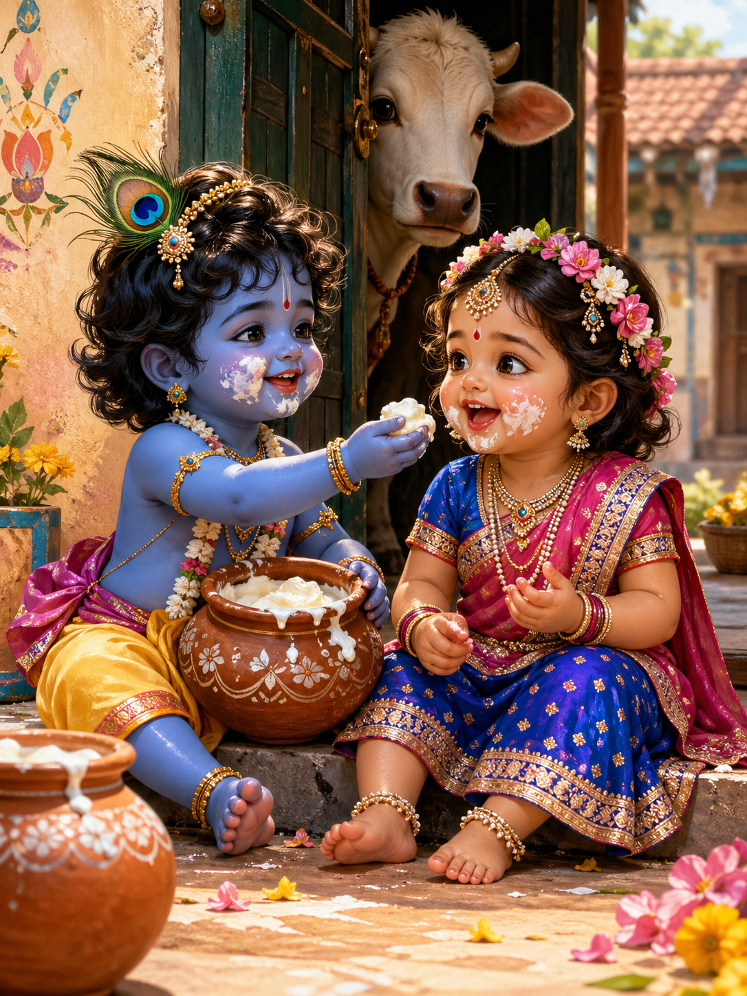 Baby Radha and Krishna sharing butter with mischievous smiles butter smeared on faces village doorstep